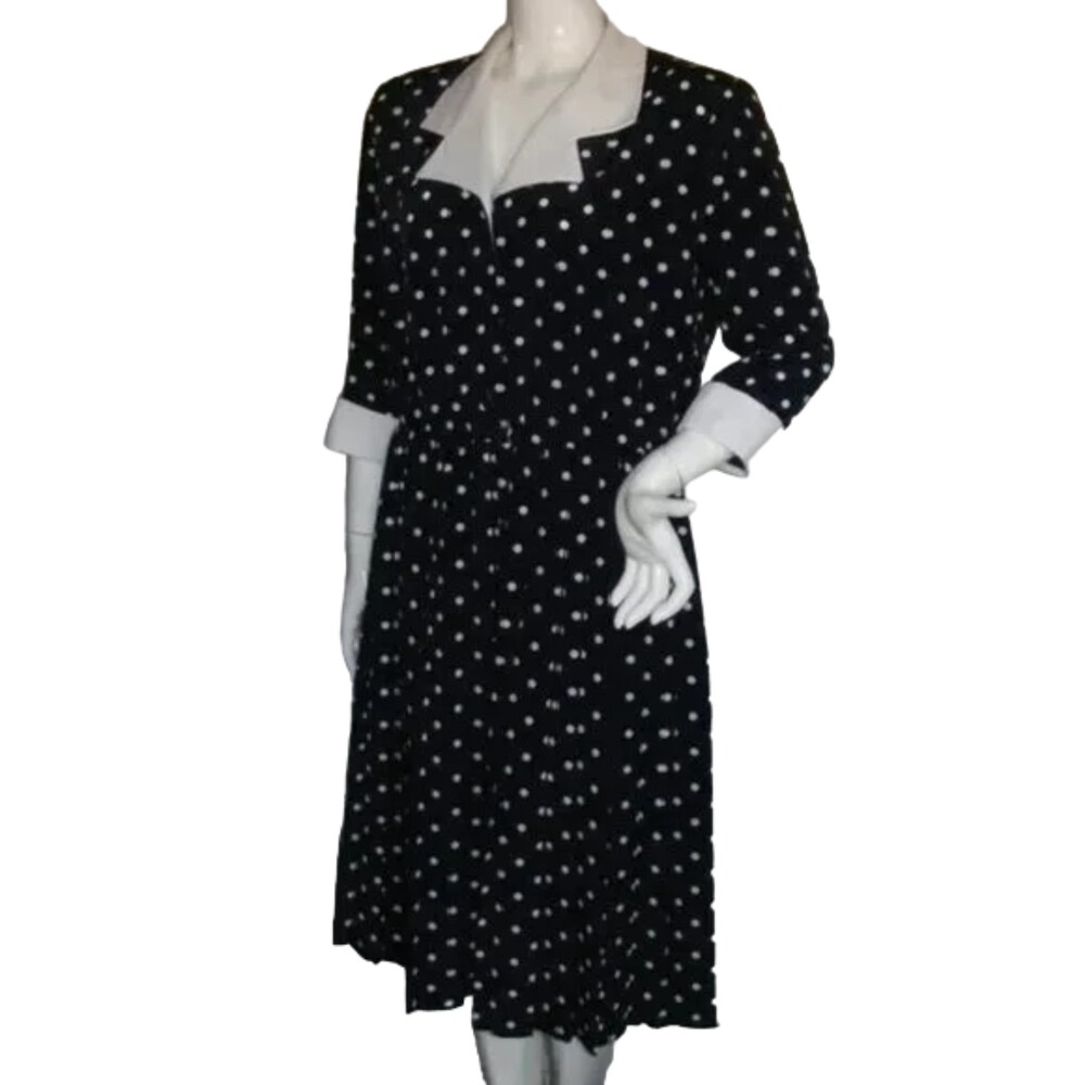 SERBIN Polka Dot Dress, 14, Navy Blue/White Polka Dots, Career, 3/4 sleeves - Picture 3 of 11